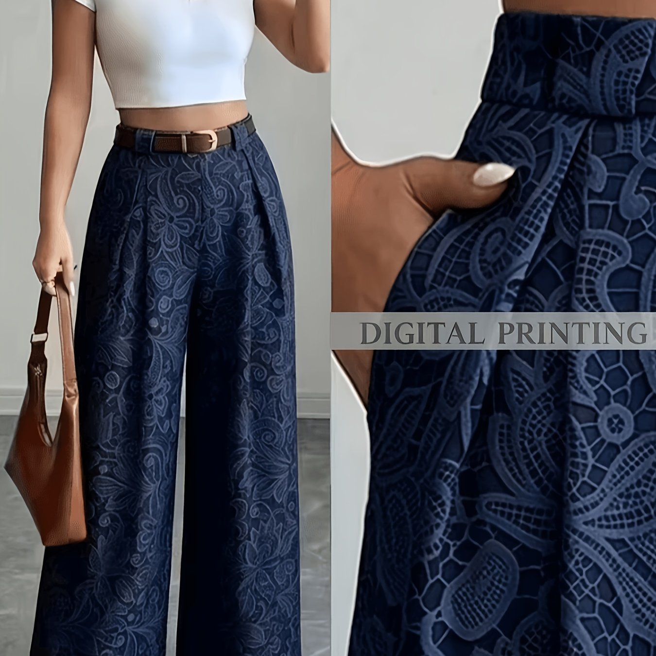 TEMU Retro Flower Print High-waist Wide-leg Pants Women's Drapey Straight Long Trousers Loose Casual Suit Pants, Navy Vintage Large Floral Wide-leg
