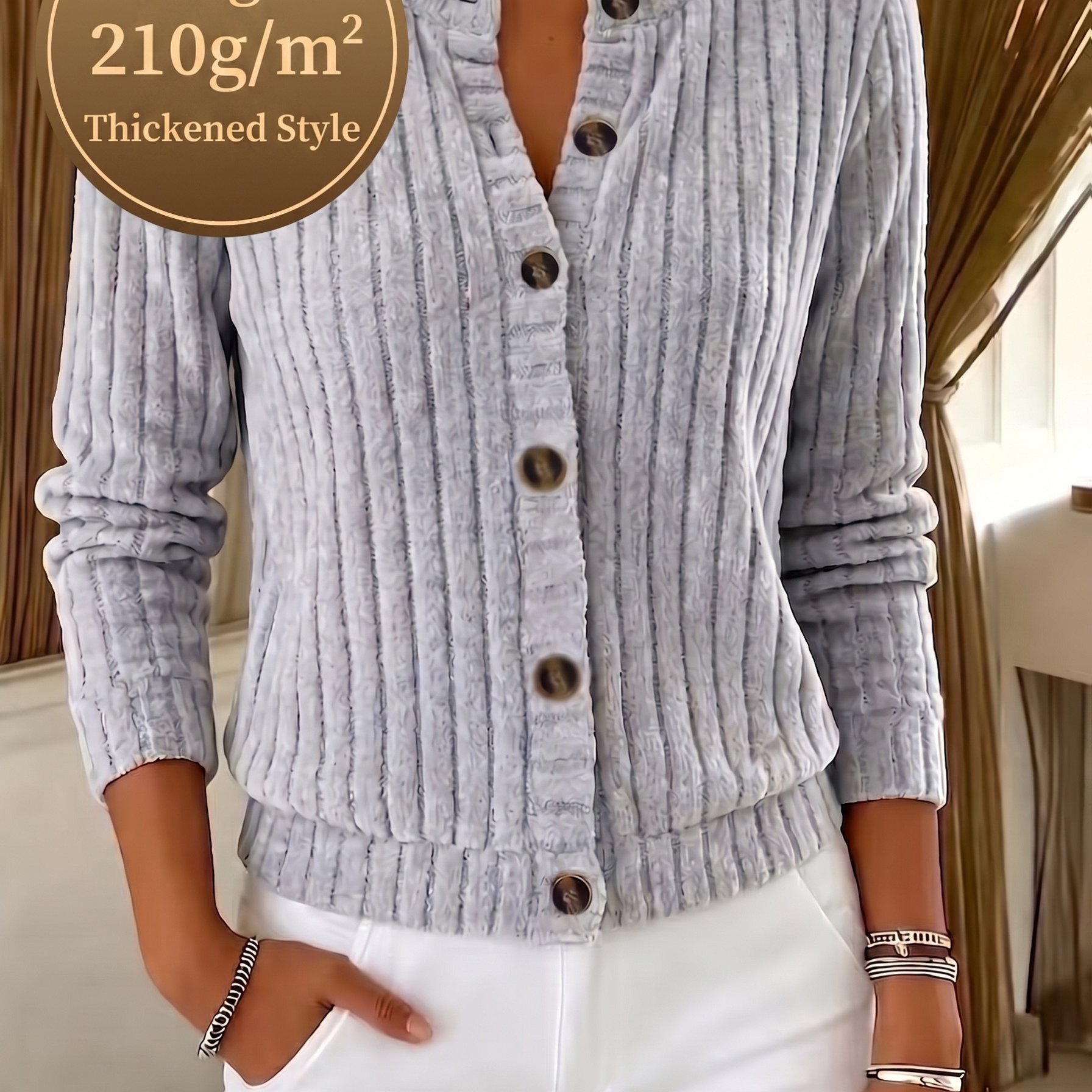 TEMU Women's 210g Thickened Cardigan, Fall Winter Warm Long Sleeve Single-button Round Neck Short Shirt, Solid Color Versatile Slim Casual Top, Easy