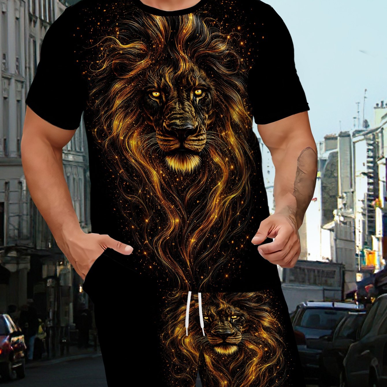 TEMU Men's Summer Sports Casual Trendy Lion Print Short Sleeve T-shirt Loose Shorts 2pcs Set Teenager Student Fashion Wear Street Hip-hop Trendy