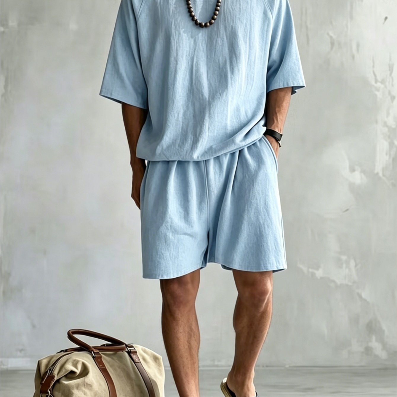 Image of Men's 2pcs Casual Set: Raglan Short-sleeve Crew Neck T-shirt And Elastic Drawstring Shorts, Summer Beach Vacation Outfit