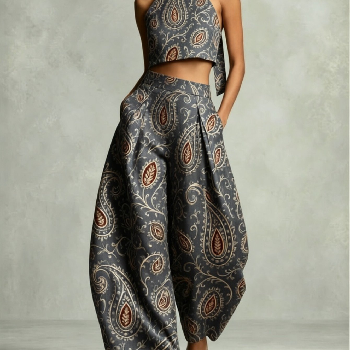 Image of Flower Retro Printing Two-piece Set Women's Neck Strap Halter Short Top High-waist Pleated Wide-leg Lantern Trousers Retro Y2k Suit Banquet Vacation Wedding Date Versatile Wear