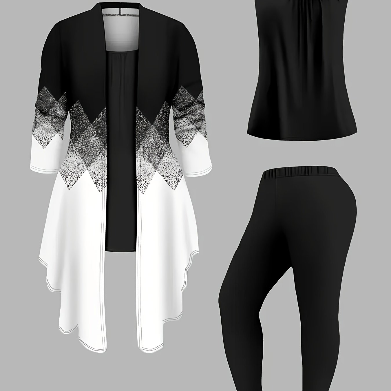 E-shop Set aus 3 Damenanzügen, bedruckter Strickjacke mit einfarbigen Hosen und Weste, eleganter gestrickter Damenanzug, dehnbare Stoffe, lässige