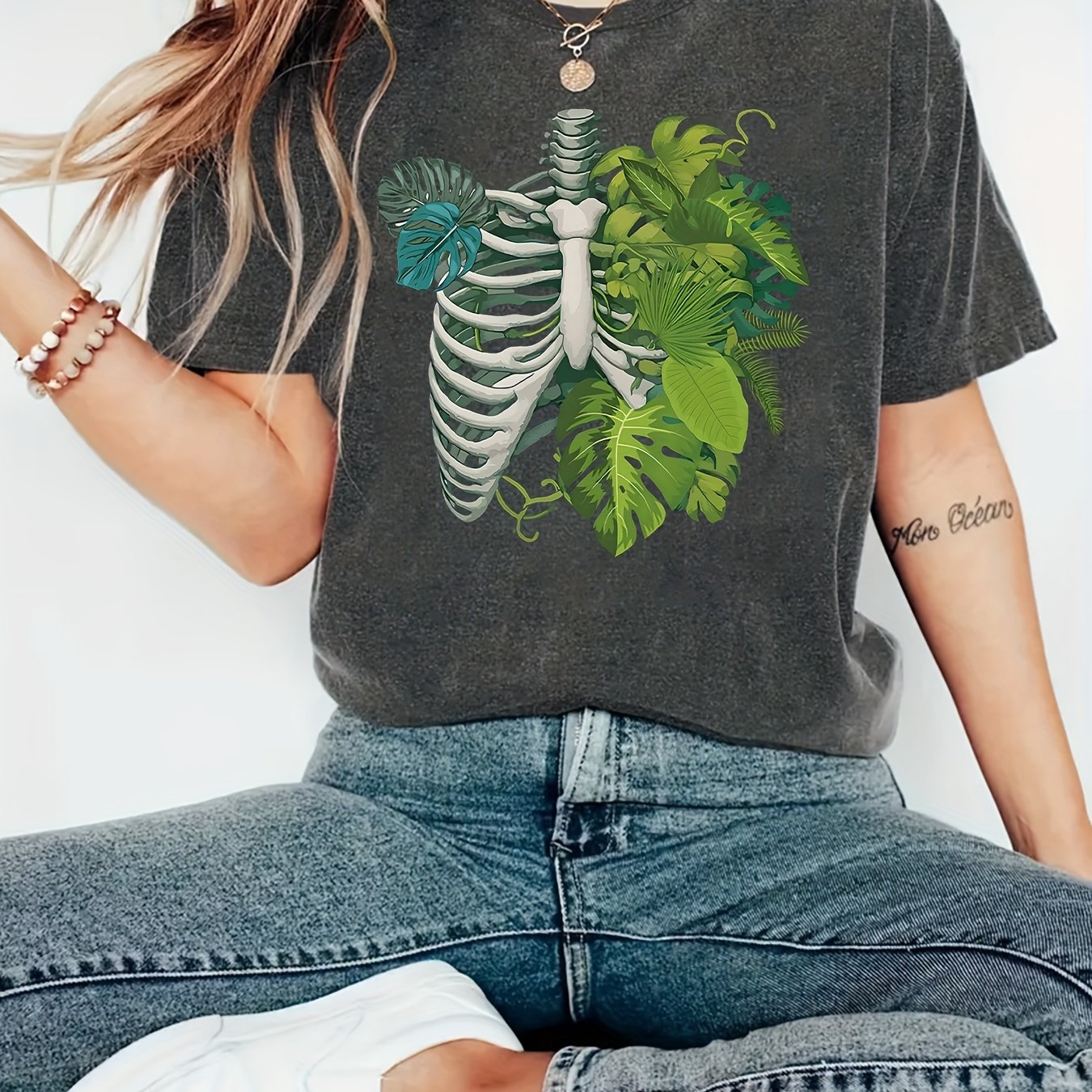 TEMU Frauen-T-Shirt Skelett Pflanze Körper T-Shirt, Pflanzenliebhaber T-Shirt, Pflanzenliebhaber Geschenk, Dracaena T-Shirt, Pflanzenmuster T-Shirt,