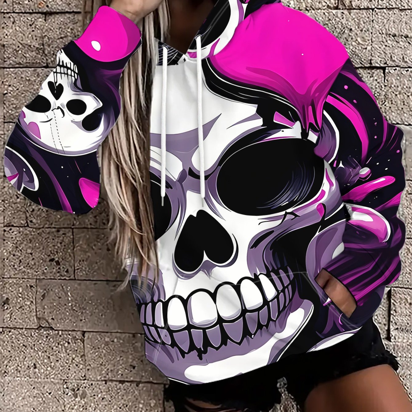 TEMU Fashion Women's Loose Street Style Hooded Sweatshirt - Pink Purple Skull And Heart , Stretch Blend, , Color , Relaxed Fit, , Perfect For Lazy ,