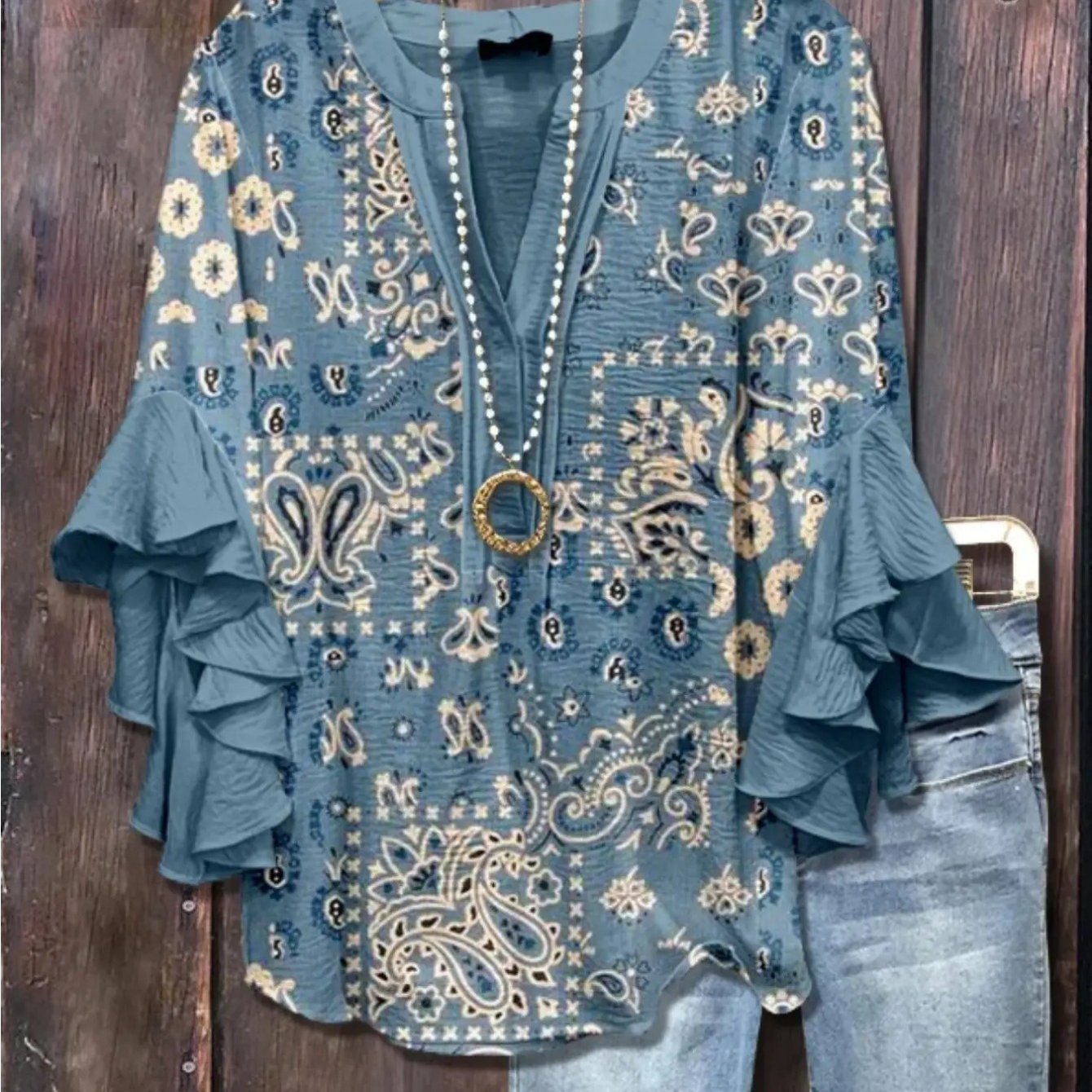 Plus Size - Plus Size - Plus Size Women's V-neck Shirt With A Gradient Bohemian Style, Elegant Vintage Top For Casual Vacation Wear