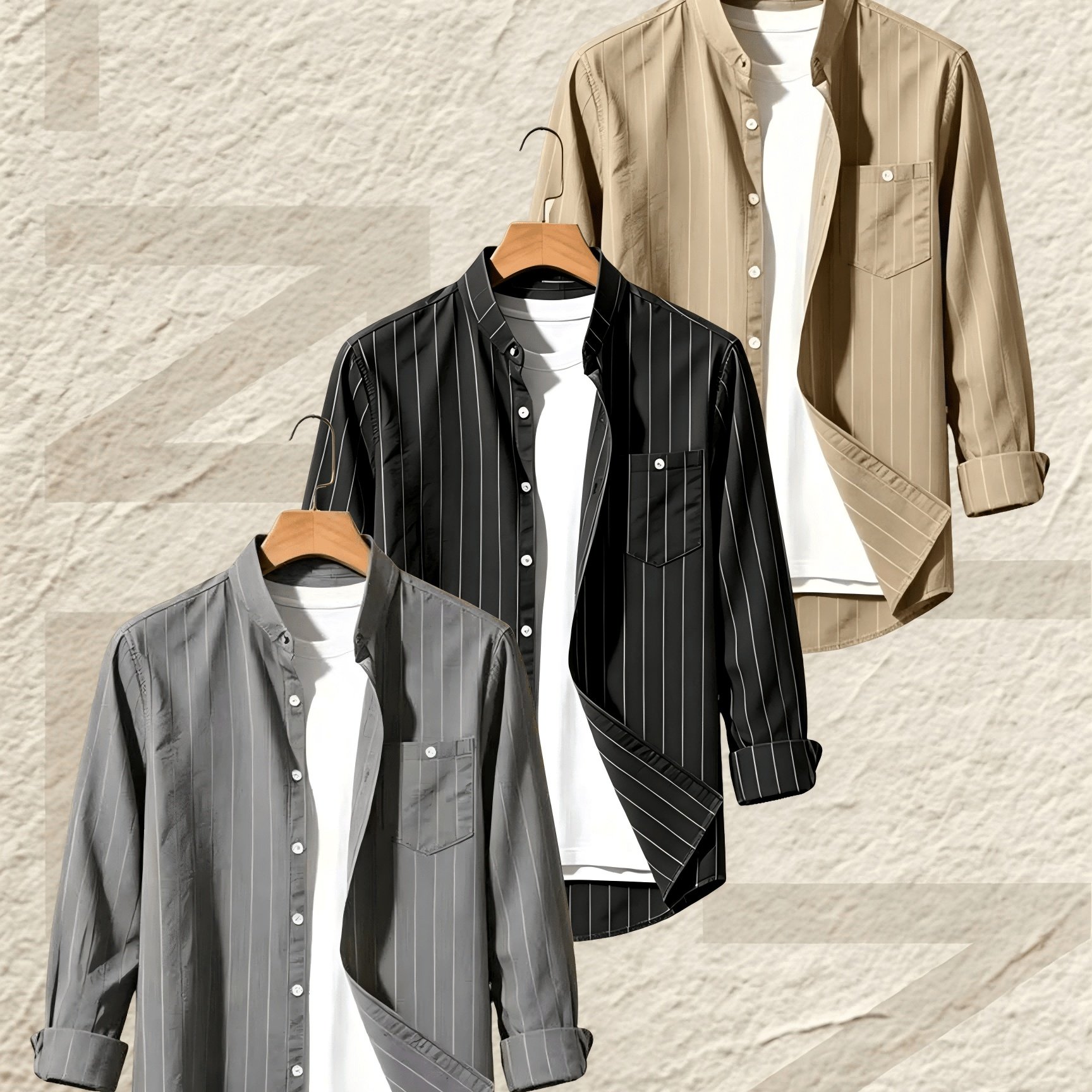 TEMU [ Obm] 3pcs Multi-pc Men's Striped Linen Long Sleeve Shirts; Sport Casual Pocket Lapel Shirts, Fashionable Breathable Comfortable Fabric, Beach
