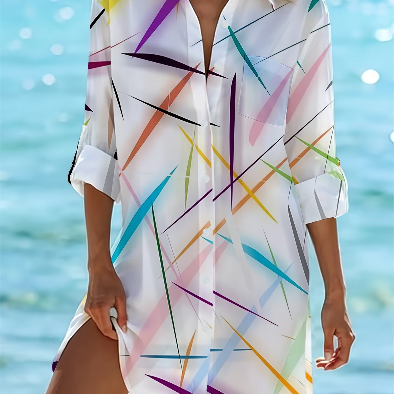 TEMU /summer 1ps, Colorful Abstract Line Pattern Printed Button-up Top, Elegant Women's Shirt For Beach. Perfect For Vacations And Summer , A Beach
