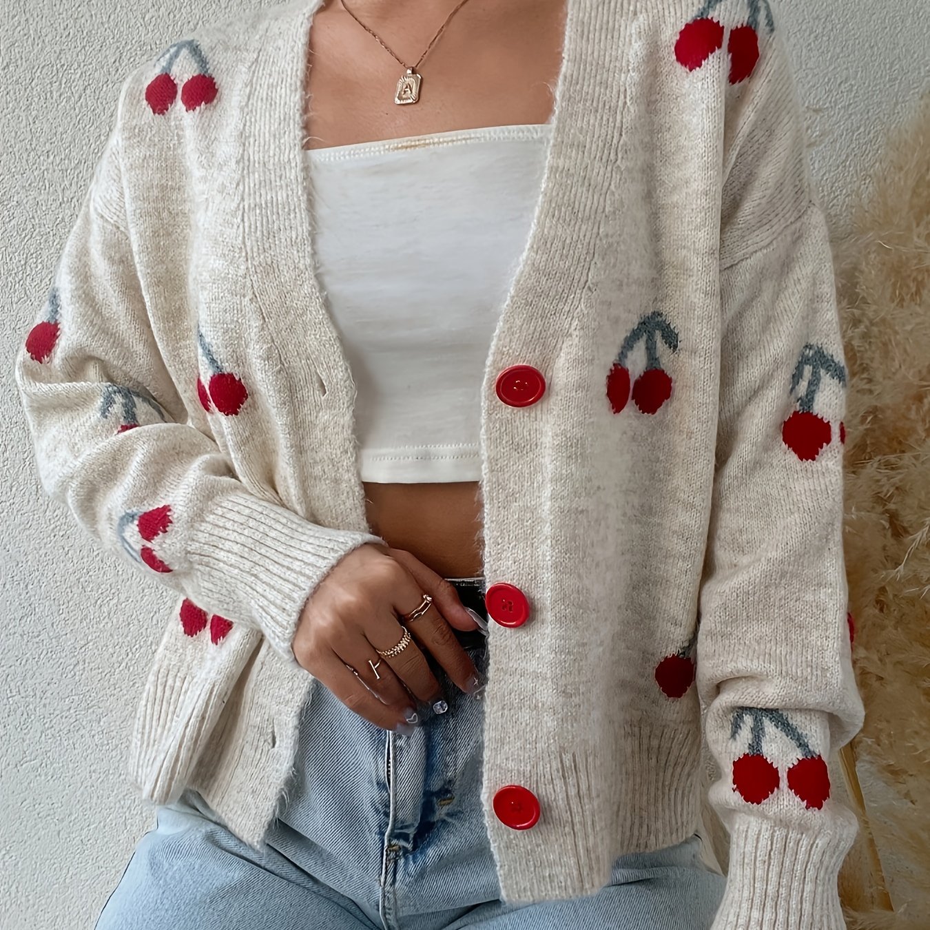 Chic Women's Jacquard Cardigan - Cherry Pattern Sweater For Autumn And Winter