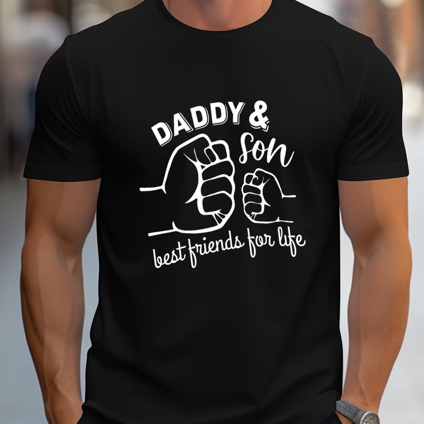 TEMU New Summer Father-son Themed Print Men's Short-sleeve T-shirt, Casual Breathable Crew Neck Sports And Fitness Top