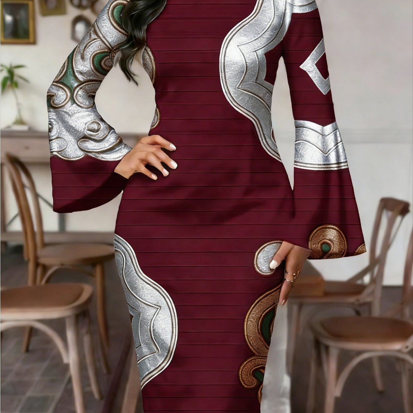 Image of Plus Size, Large Size Ladies Elegant Green African Printed Flared Sleeve Medium Length Dress | Traditional Pattern For Parties, Weddings And Cultural, Round Neck, Suitable For