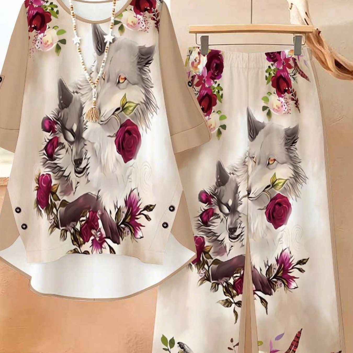 Image of Women's Size Suit, Long Sleeve And Long Trousers Set, Non-elastic Material, Digital Printed Animal, Marble, Lion, Tiger, Leopard Print, Flower, , Bohemian Pattern