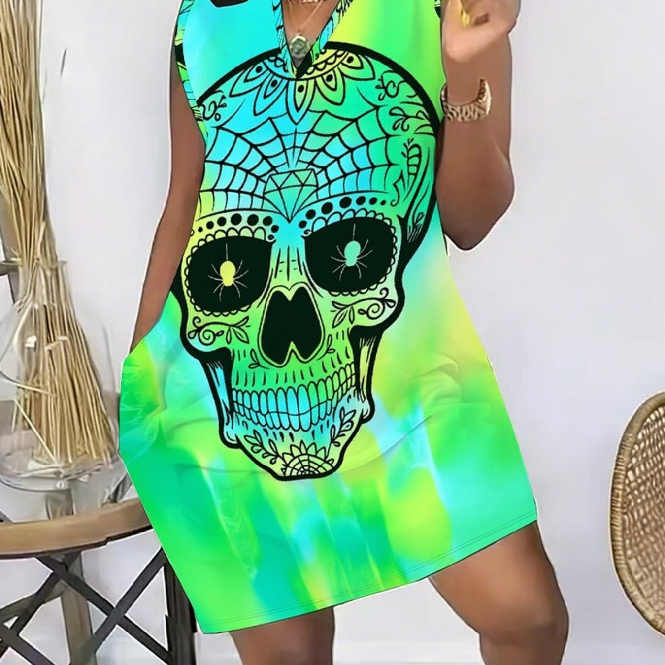 Plus Size - Summer Large Size Women's V-neck Vest With Pockets And Skirt, Featuring Geometric Pattern Printing Design, Suitable For Outdoor And Daily Wear