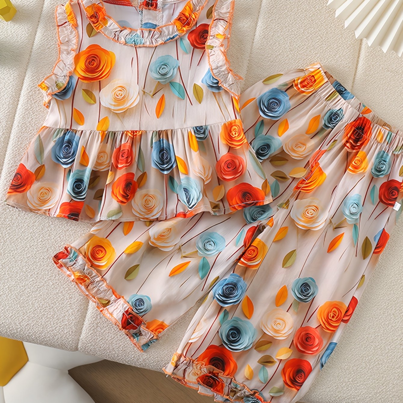 Image of 2pcs Set: Sleeveless 3d Floral Top And Wide-leg Pants For Girls, Lightweight Summer Set. Suitable For: , Festivals, School, Vacations, Beach. For A Girl's Birthday Gift, Perfect For Outdoor