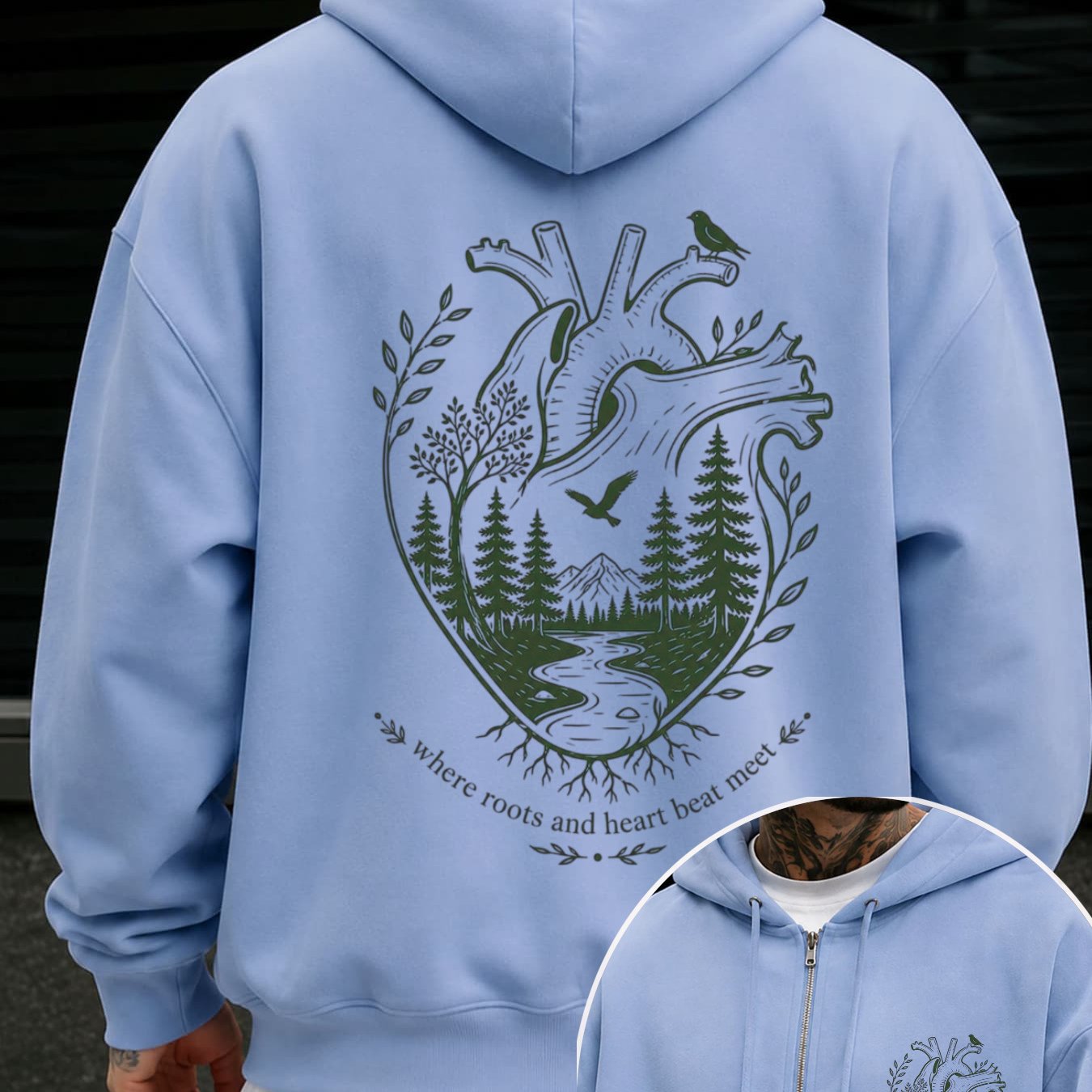 Image of Autumn Winter New Hooded Sweatshirt For Men Loose Fit Heart Print Nature Birds Trees Graphic Pullover Warm Style