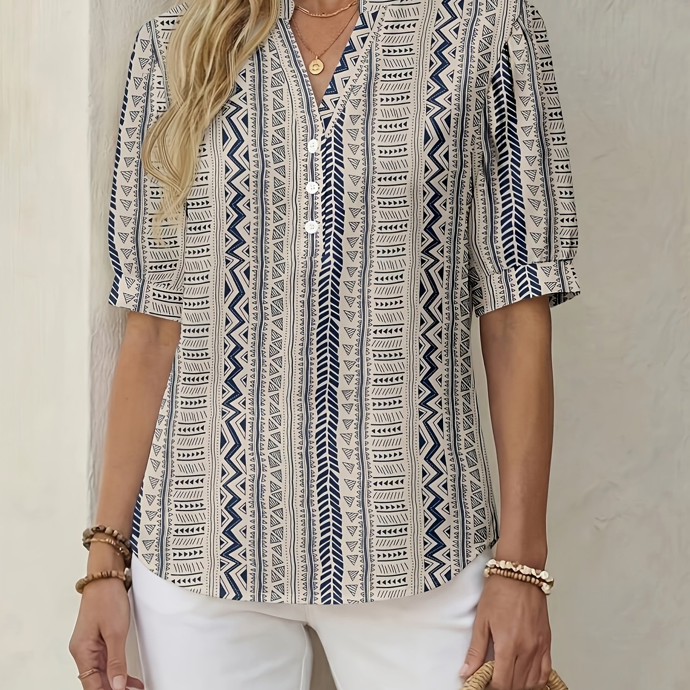 TEMU Versatile Summer V-neck Geometric Print Women's Shirt