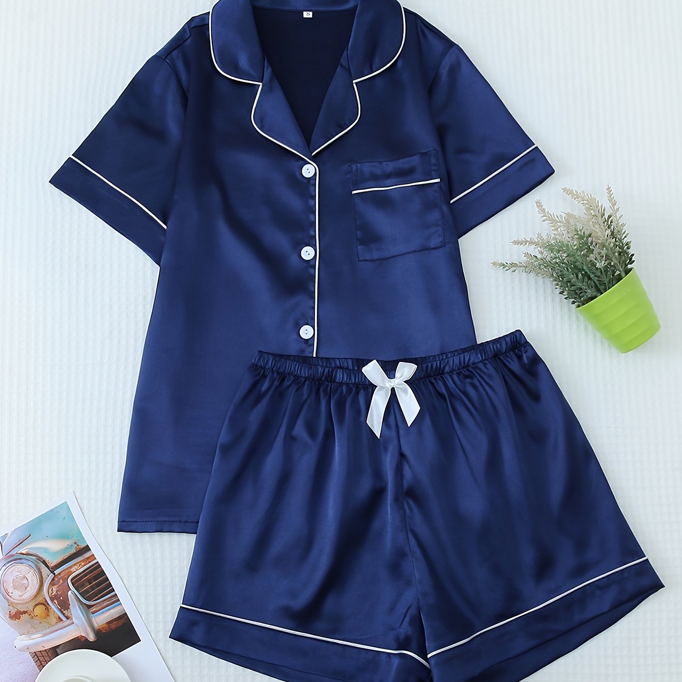 TEMU Easy Solid Color Leisure Suit, Short-sleeve Button- Collarless Top And Elastic Shorts Bow Pajamas Home Clothes