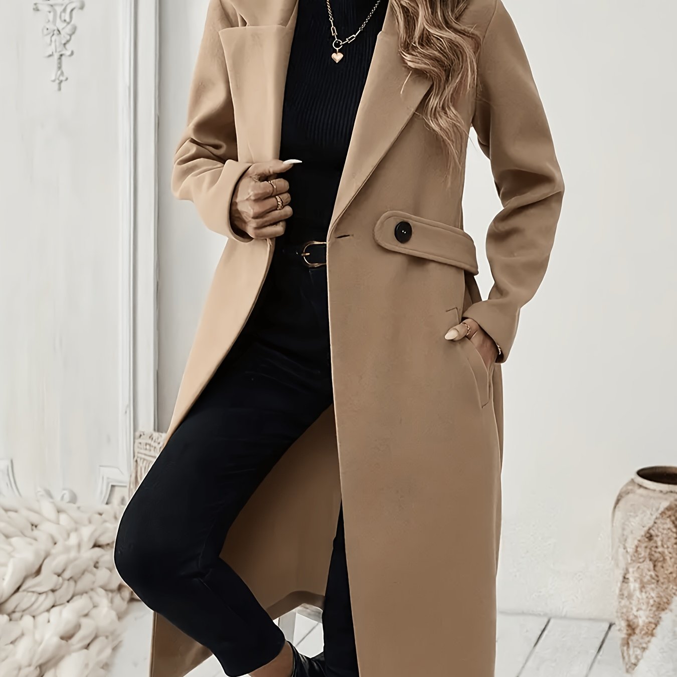TEMU New Autumn/ Notched Lapel Long For Women, Waist-cinching With Tie Belt And Two-button Design, Over-the-knee Outerwear, Elegant Commuter Style,
