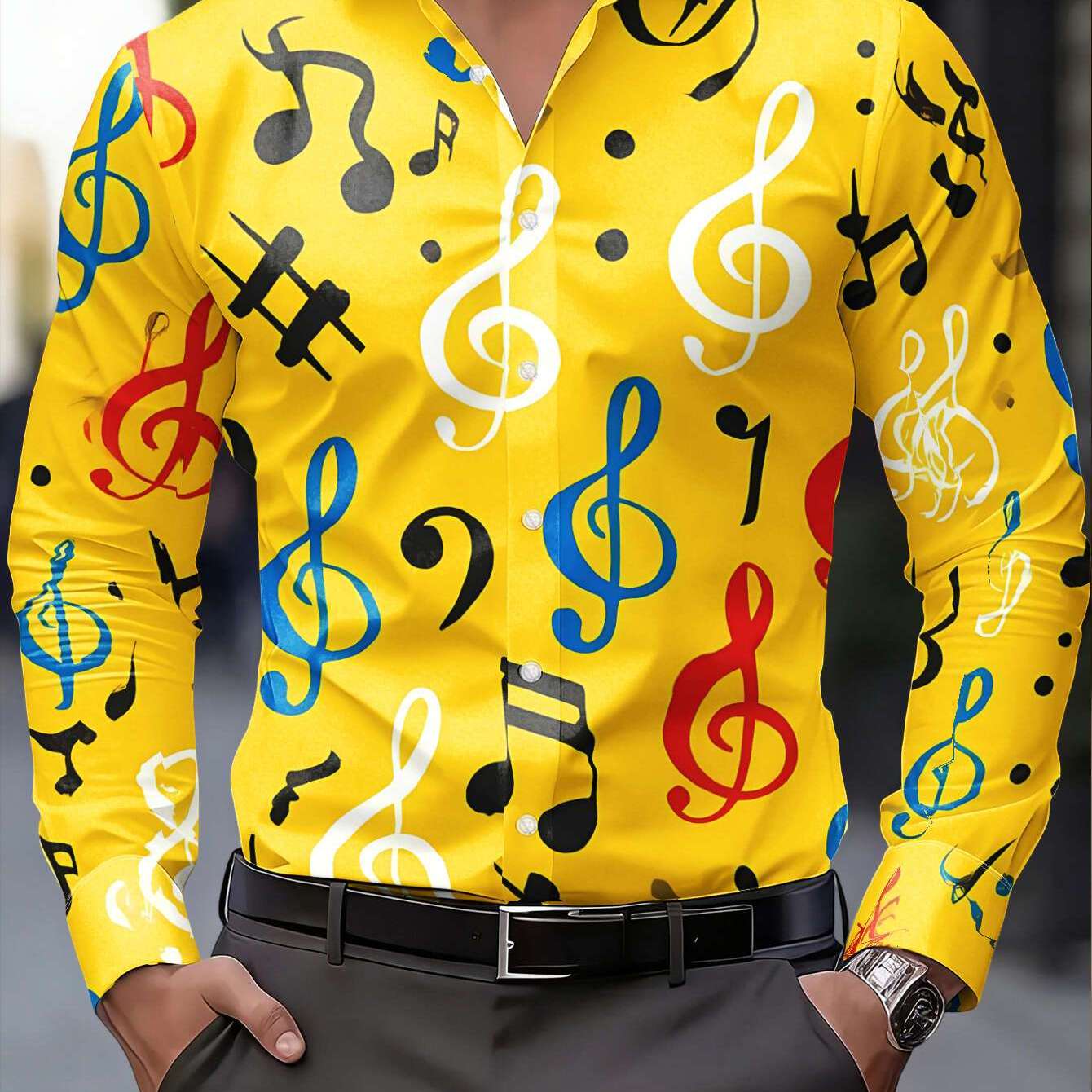 TEMU 's Long-sleeve Shirt With A Yellow Base And A Pattern Of Colorful Musical Notes, A Versatile Casual Top For Commuting, Machine Washable,