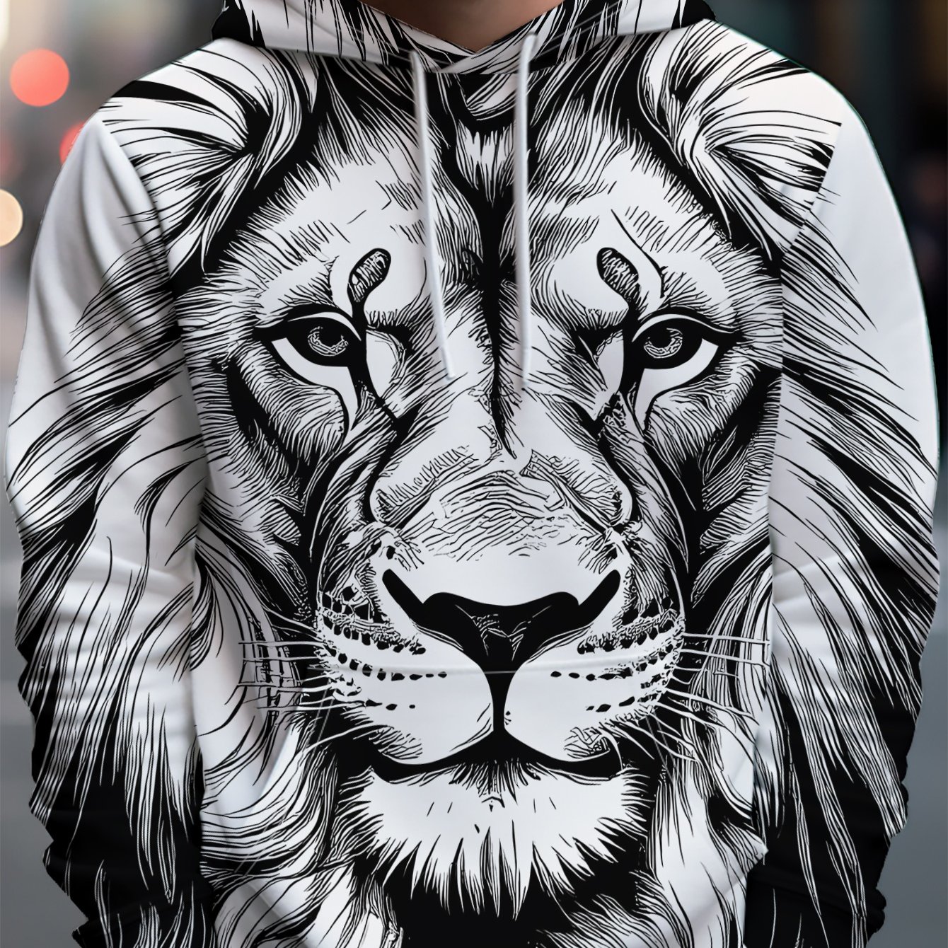 TEMU Men's Lion Print Hooded Sweatshirt, Fashionable Casual Sportswear Top, Versatile Long Sleeve For Spring And Autumn, Suitable For Daily Casual