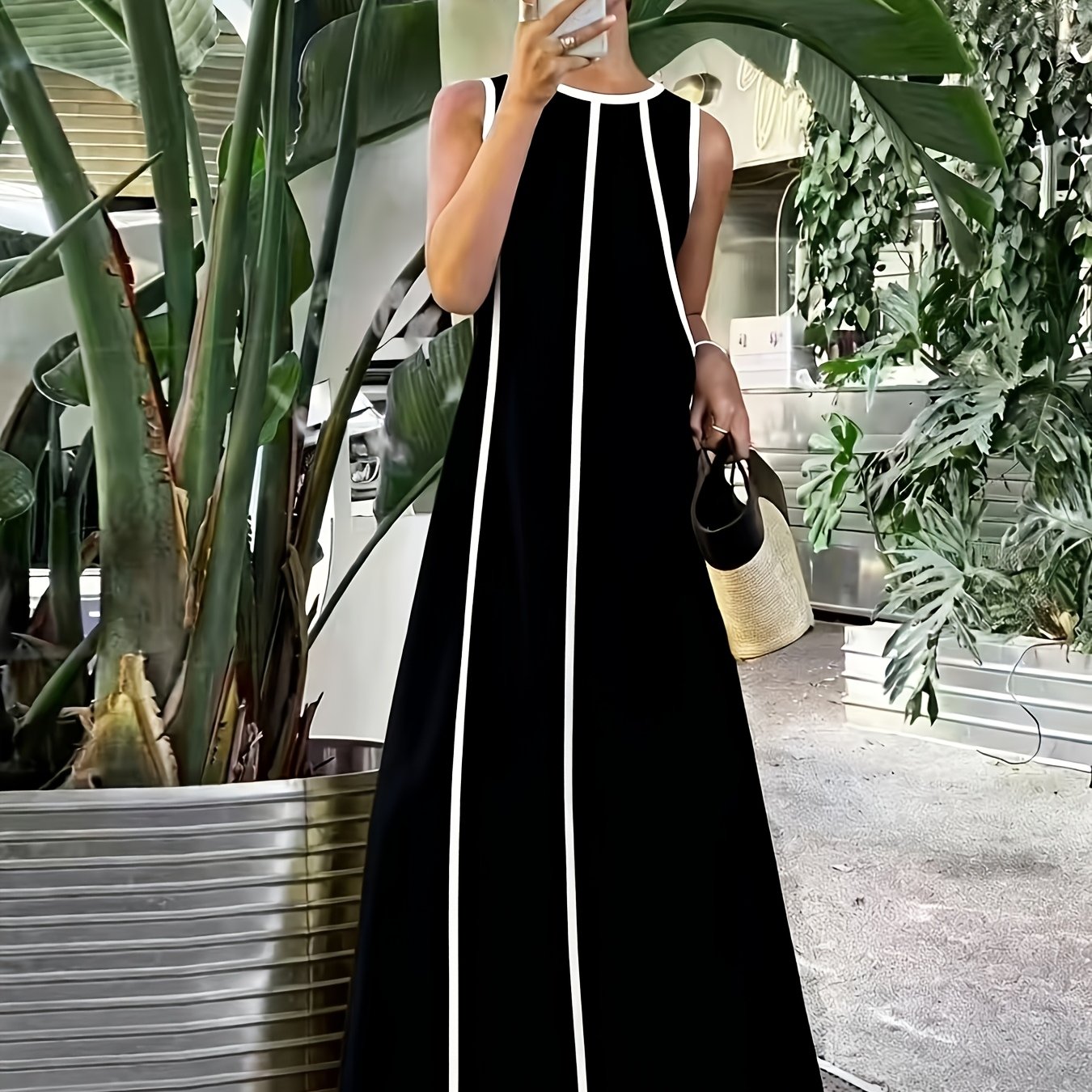 E-shop Elegantes Color Block Tunika Kleid | Lange Länge, Ärmellos, Rundhalsausschnitt, Lockere Passform, Nicht-Stretch, Maschinenwaschbar - für Partys,
