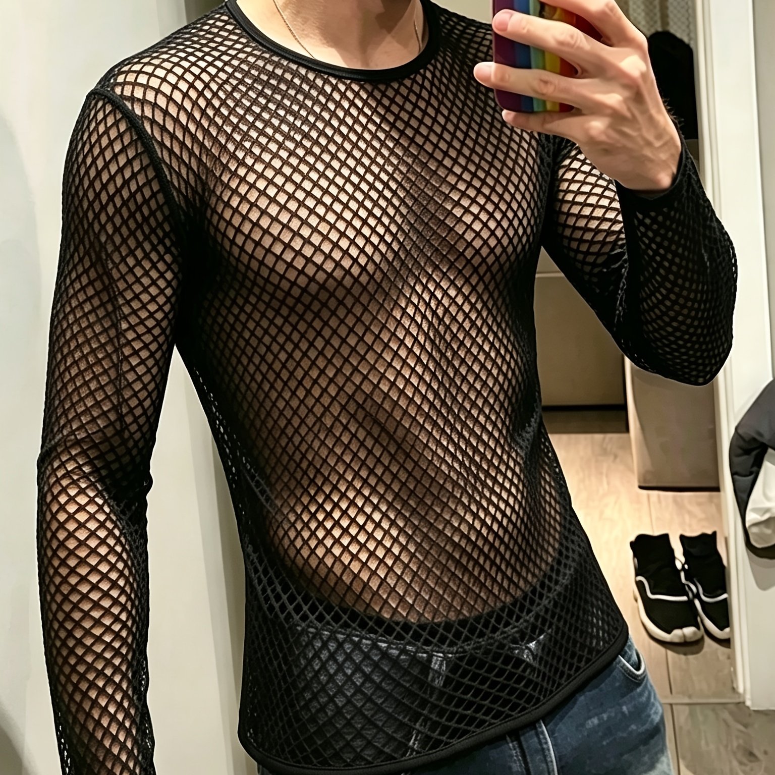 Image of Men's Long Sleeve Shoulder Sheer T-shirt Fitness Breathable Fishnet Cut-out T-shirt - Mesh Breathable, To Become The Sexiest Person In The Party Nightclub