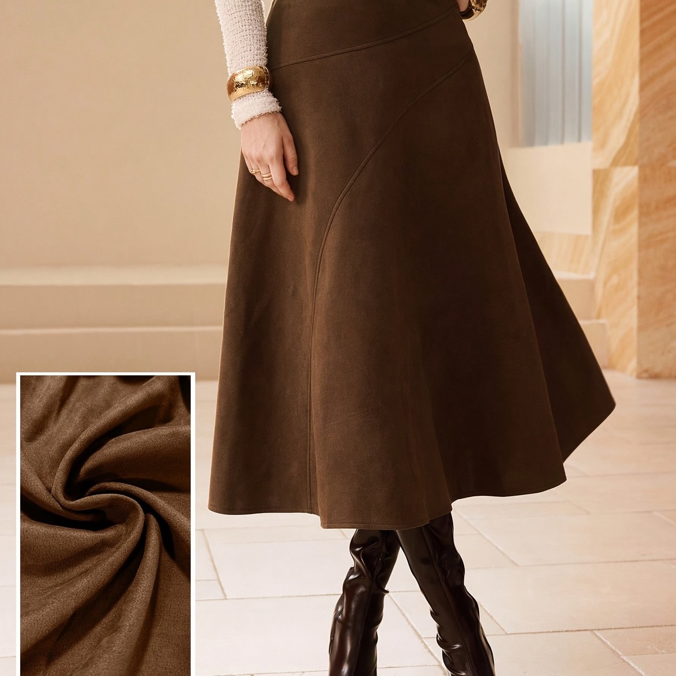 TEMU Women's Spring/autumn Solid Color Deer Velvet Casual A-line Skirt