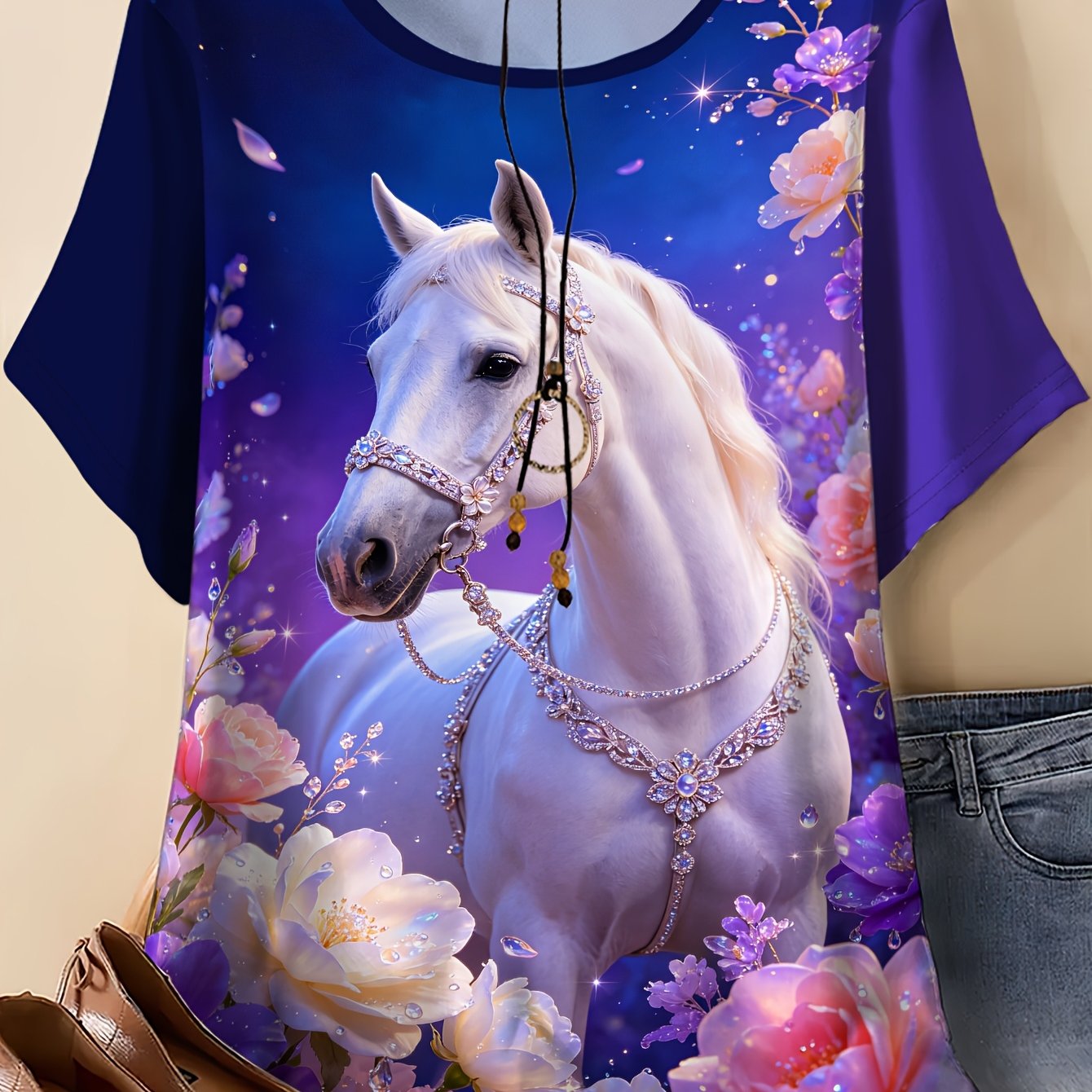 TEMU Plus Size, Plus Size Women's T-shirt With Graphic Print, Round Neck Short Sleeve Summer Top, Purple-blue Starry Sky White Horse Gemstone Floral