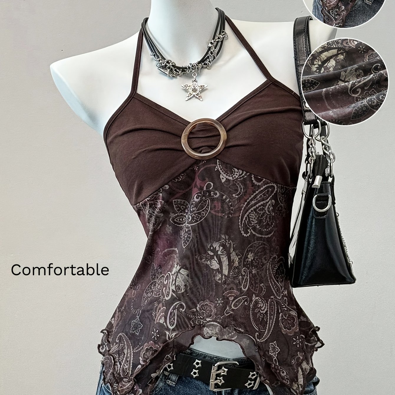 Summer Y2k Retro Vacation Outfit Brown Paisley Print Top Women's Retro Print Top[zllz]