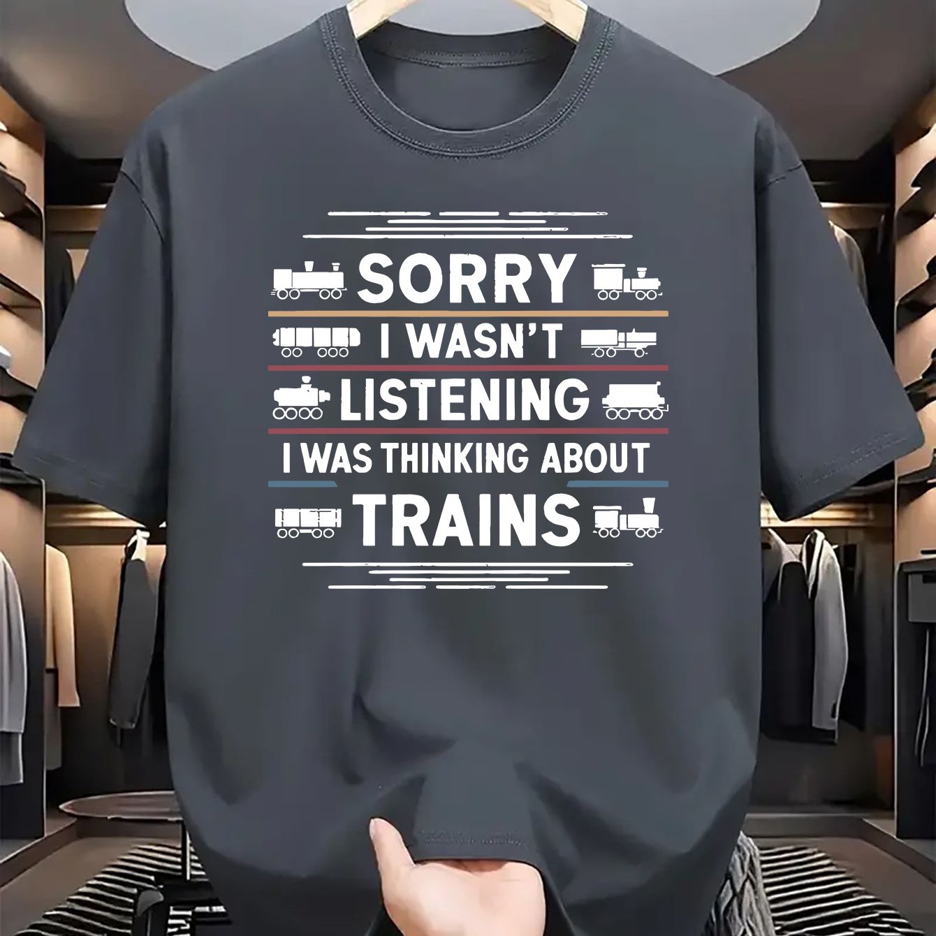 TEMU Men's Casual Round-neck T-shirt, Made Of Polyester Knit Fabric With Stretch, Regular Fit, Printed With " Listening, I'm Thinking Train" Design,