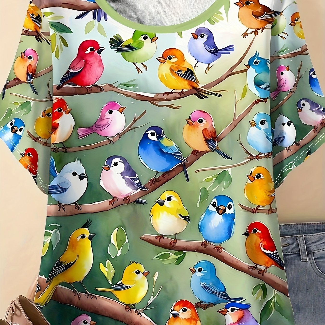 TEMU Plus Size - Plus Size - Women's Casual Elegant 3d Printed Cartoon Oriole T-shirt - Made From Soft And Breathable Fabric, Featuring A Round Neck,