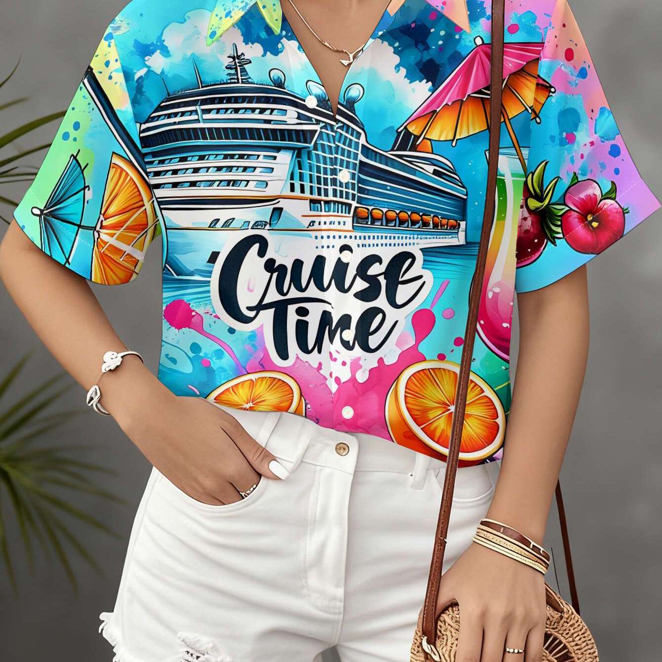 TEMU New Women's Short Sleeve Shirt Cruise , Colorful Cup Serving Wine, Opening Pattern, Commute Versatile Casual Top, Machine Washable, Button Print