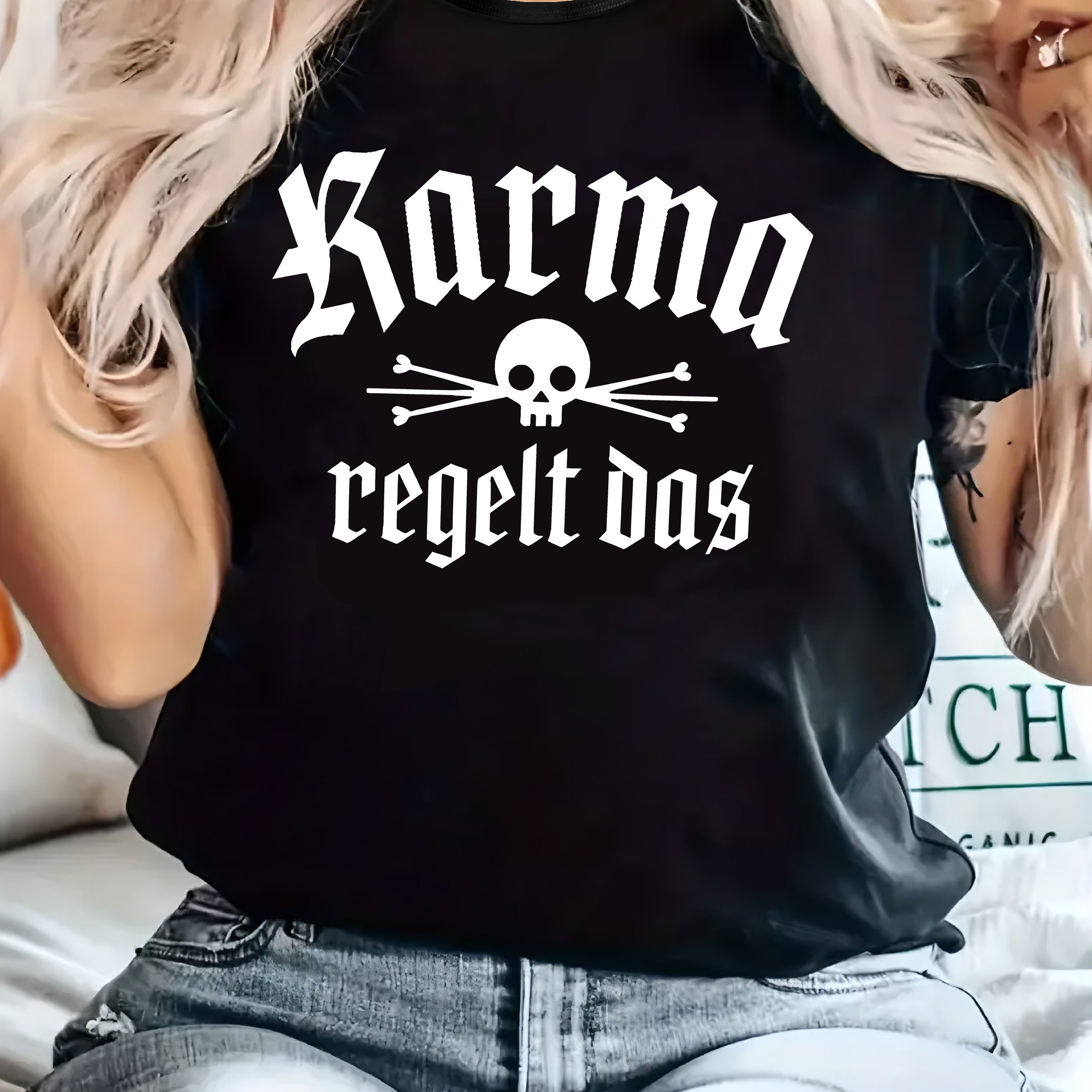 Plus Size Women's Casual T-shirt - "for Karma Das" Graphic, Round Neck, Short Sleeve, Slightly Stretchy Knit Fabric, Regular Fit, Comfortable Top For
