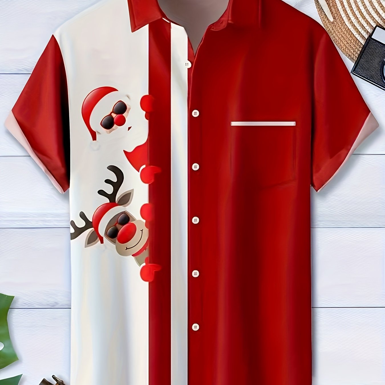 TEMU Men's Vintage Christmas Santa & Reindeer Print Button-up Shirt - Short Sleeve Collar Summer Holiday Top, Casual Party Outfit, Machine Washable