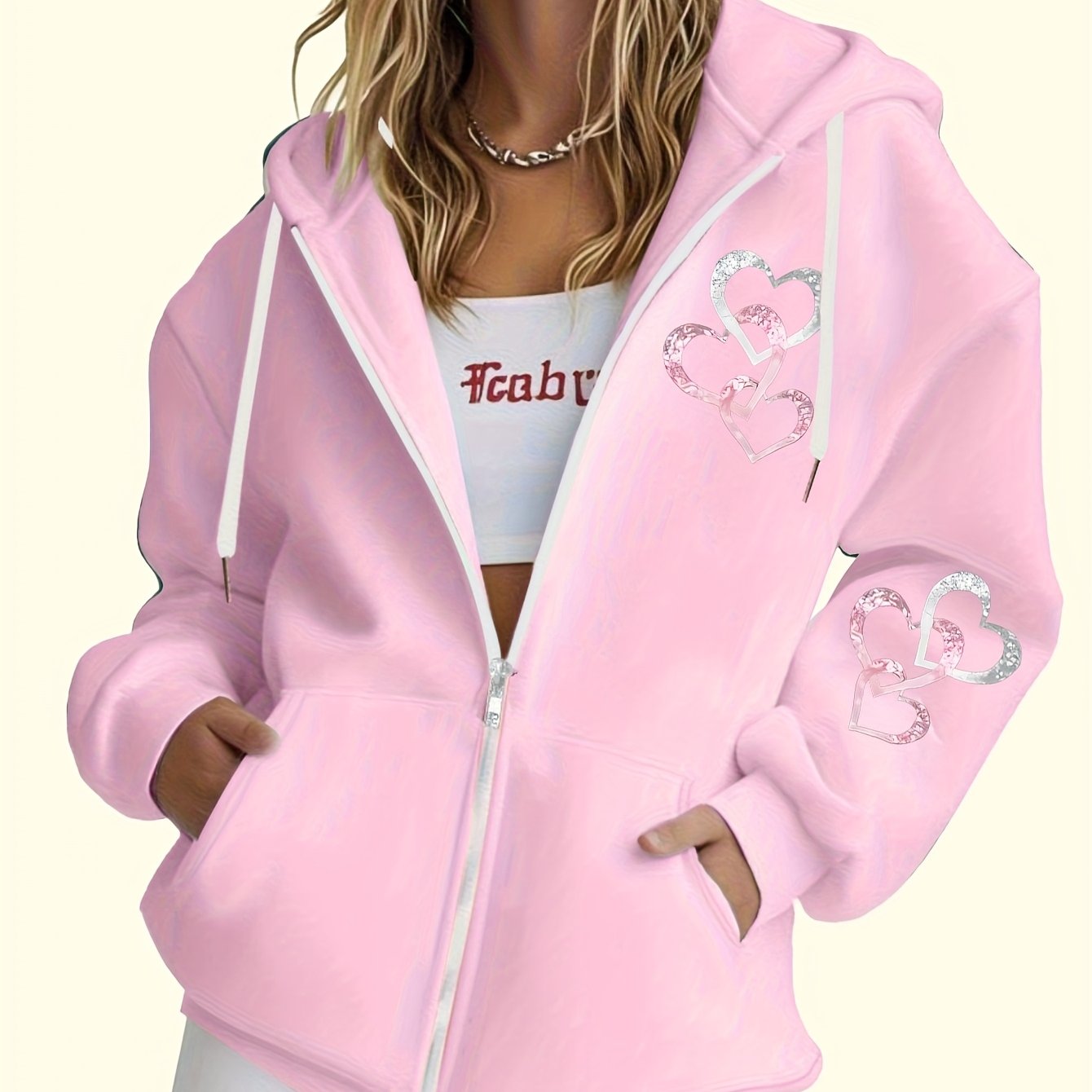 TEMU Ladies Casual Zipper Cardigan Hooded, Shiny Love Print, 100% Polyester Fabric-machine Washable, Fashionable To Wear In Autumn And Winter,