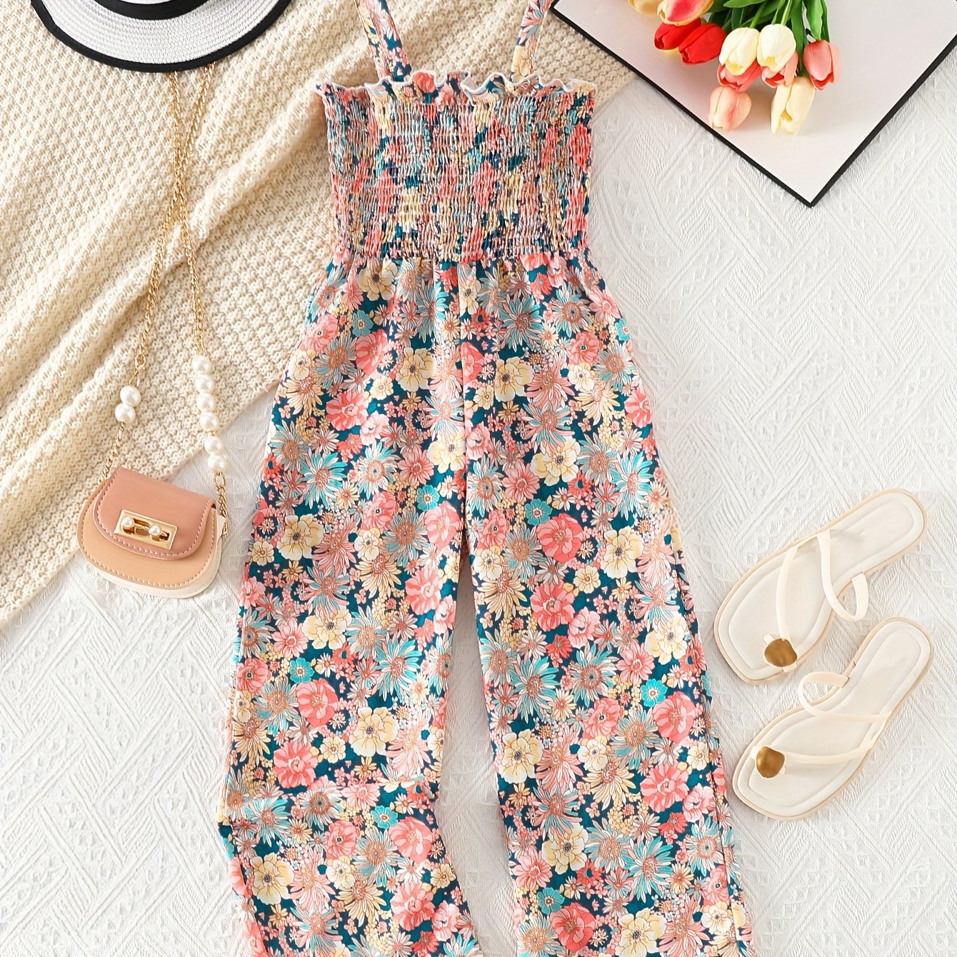 Image of Girls' Jumpsuit Floral Strappy Long Pants Top With , Outing Vacation, Summer Outing Holiday, Back-to- Jumpsuit, Summer Pants, For Outdoor
