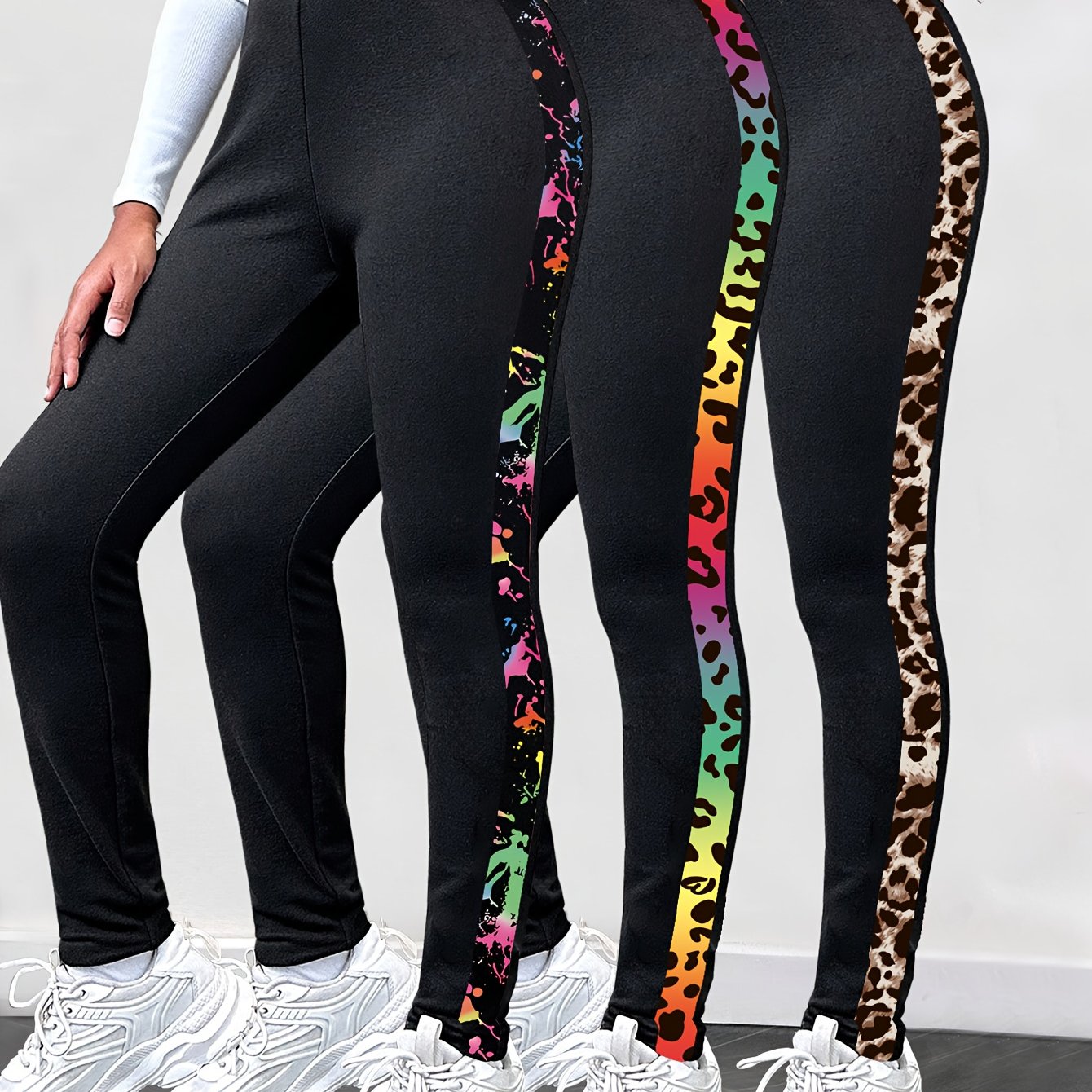 Three-pack Girls' Leggings, Gradient Leopard Print Side Leggings