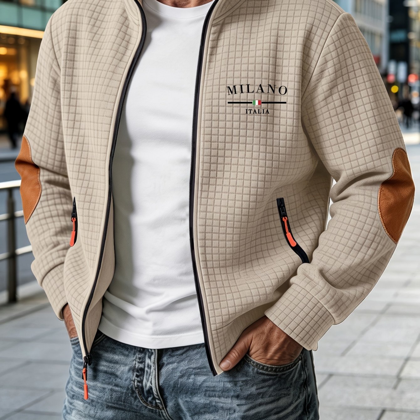 TEMU Autumn/winter Men's Thickened Jacquard Long-sleeve Cardigan Jacket, Featuring Trendy Printed Fashionable Plaid Jacquard Textured Fabric. Fabric