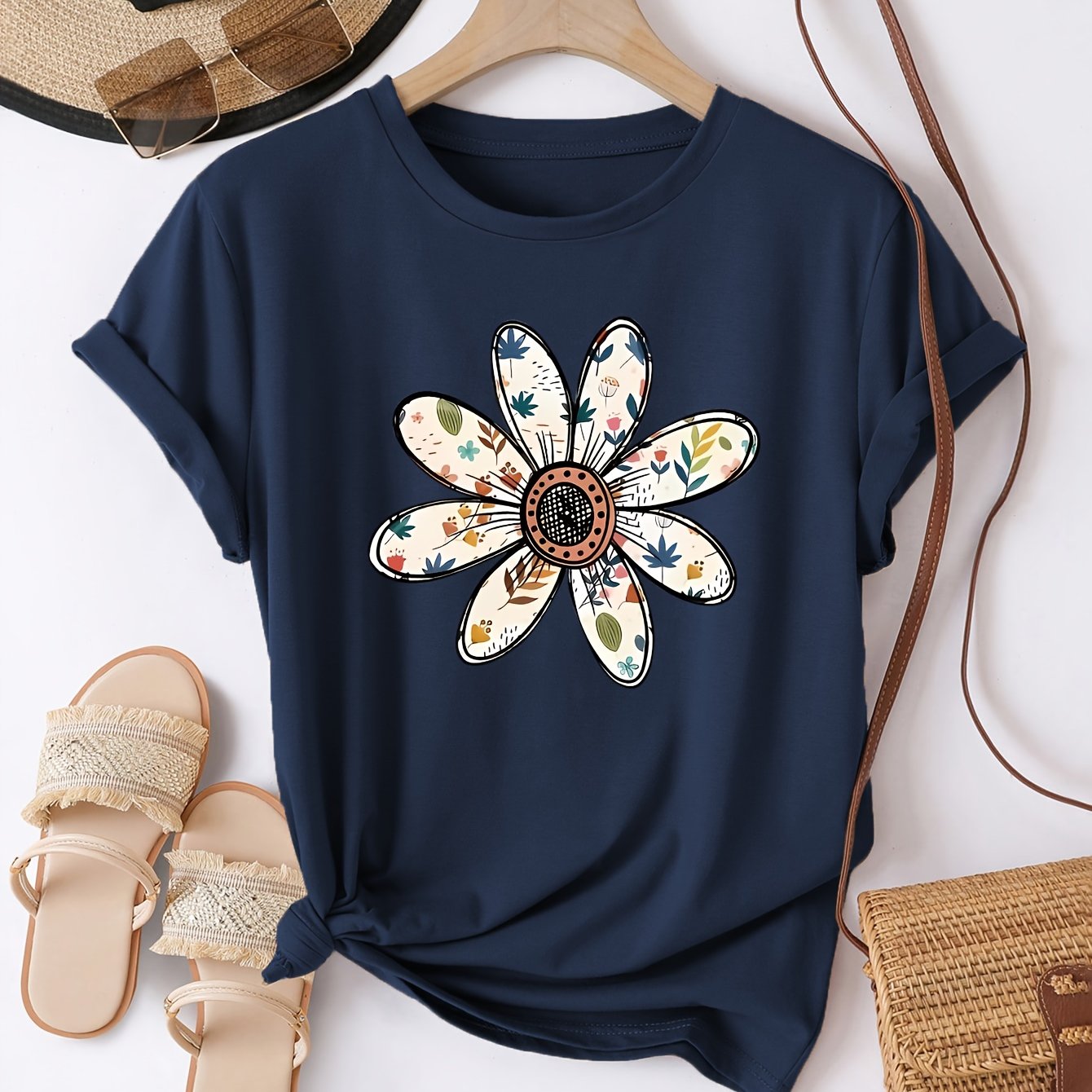 Image of Vintage Floral Pattern Printed Short Sleeve T-shirt, Women's Casual Round Neck Top, Suitable For Spring/summer Daily Wear, Women's Clothing