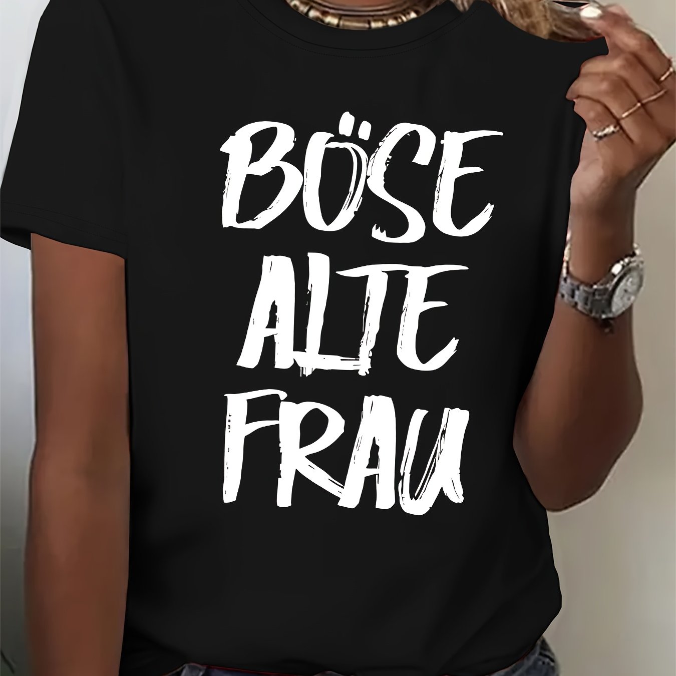 TEMU Women's Casual Crew Neck T-shirt With "böse Alte Frau" Graphic Design - Short Sleeve, Light Blue, Fashion Tee, Casual Wear | Text Tee | Graphic