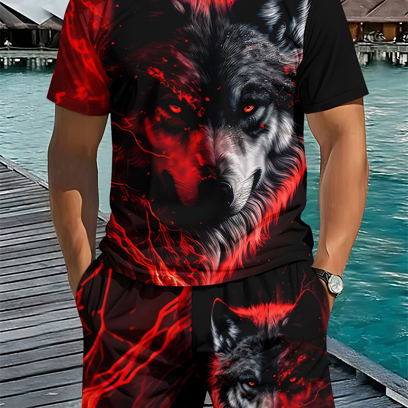 TEMU Ensemble Homme à Imprimé Numérique 3D, Col Rond Manches Courtes, Style Dark Hardcore, Ensemble Deux Pièces Loup Électrique , Idéal pour