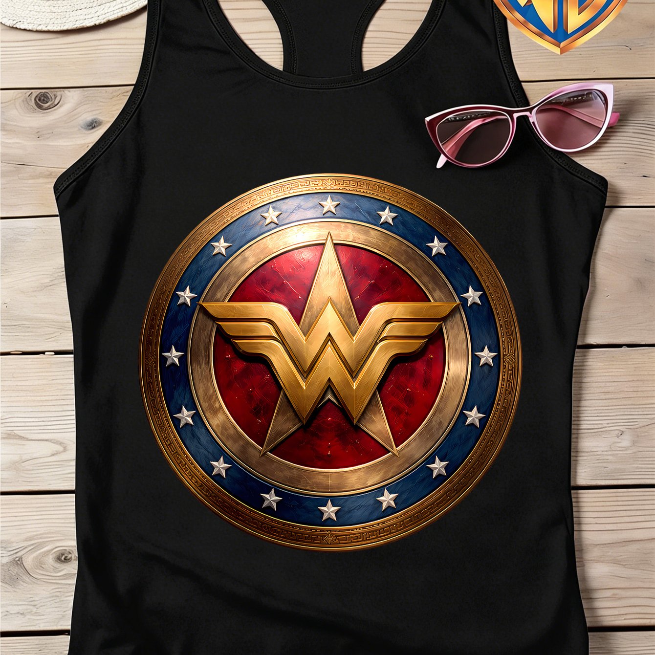 TEMU Warner . Official Licensed, Summer Women's Crew Neck Sleeveless Tank Top, Wonder Woman Retro Metallic Vintage Emblem Print, Minimalist And