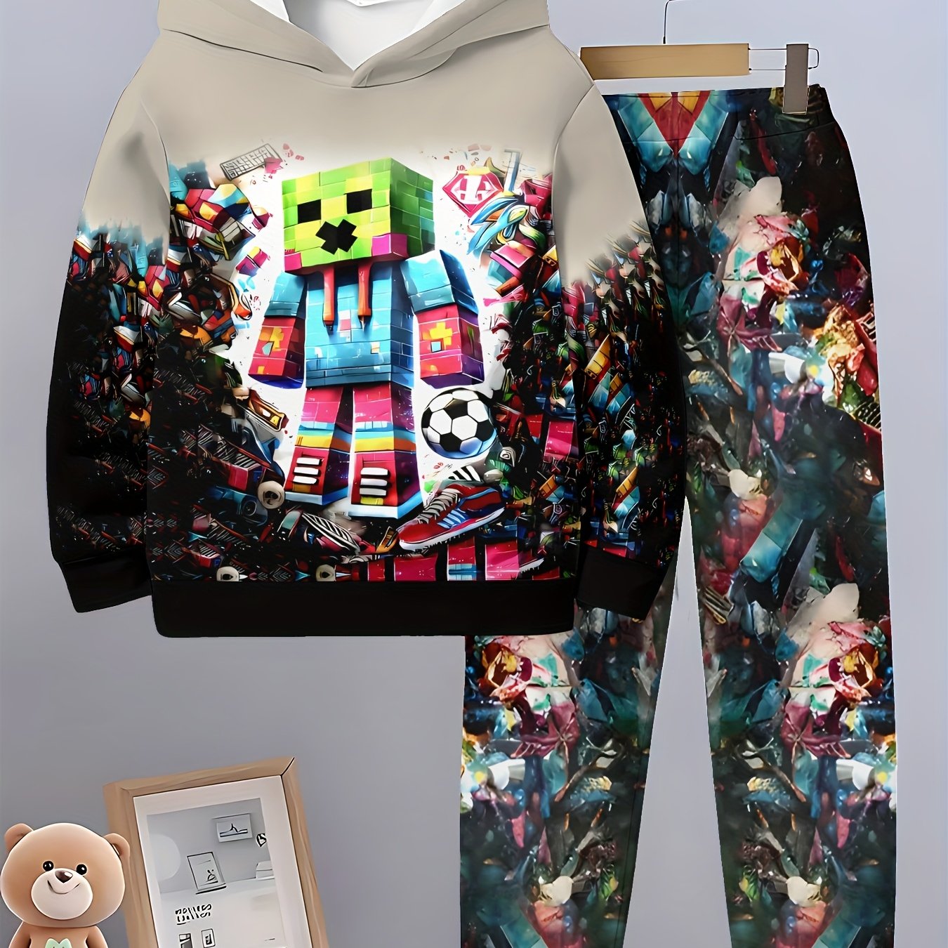 Boys' Printed Casual Hoodie Set For Spring And Autumn, Long Sleevesportswear, Boys" Outdoor Hoodie Set, Perfect For Outdoor
