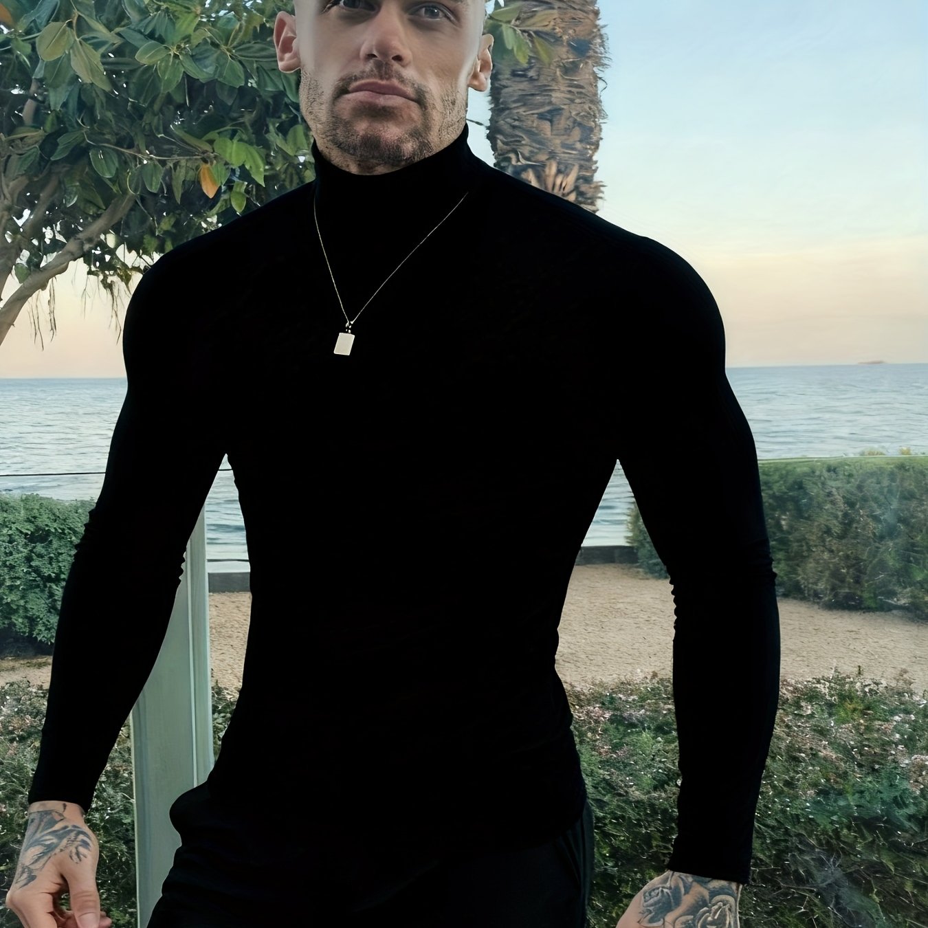 TEMU Xingmengzhi Obm Autumn/winter Ribbed High Neck Long Sleeve Top For Men, Slim Fit, Figure-flattering, Versatile T-shirt For Fitness, Daily Wear,