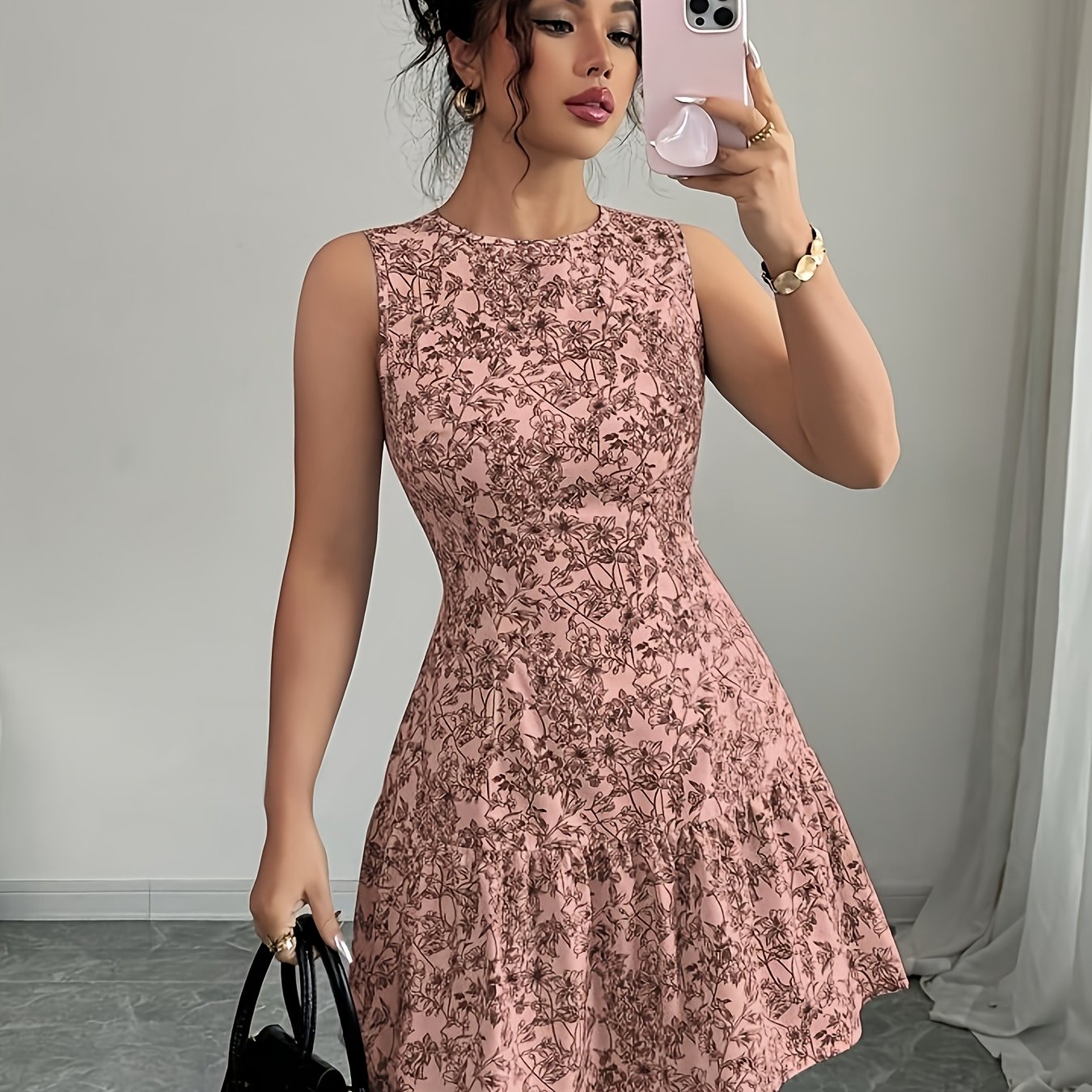TEMU Elegant Women's Printed Round Neck Waist-cinching Sleeveless Dress, Suitable For Dates, Parties, Gatherings, And Commuting