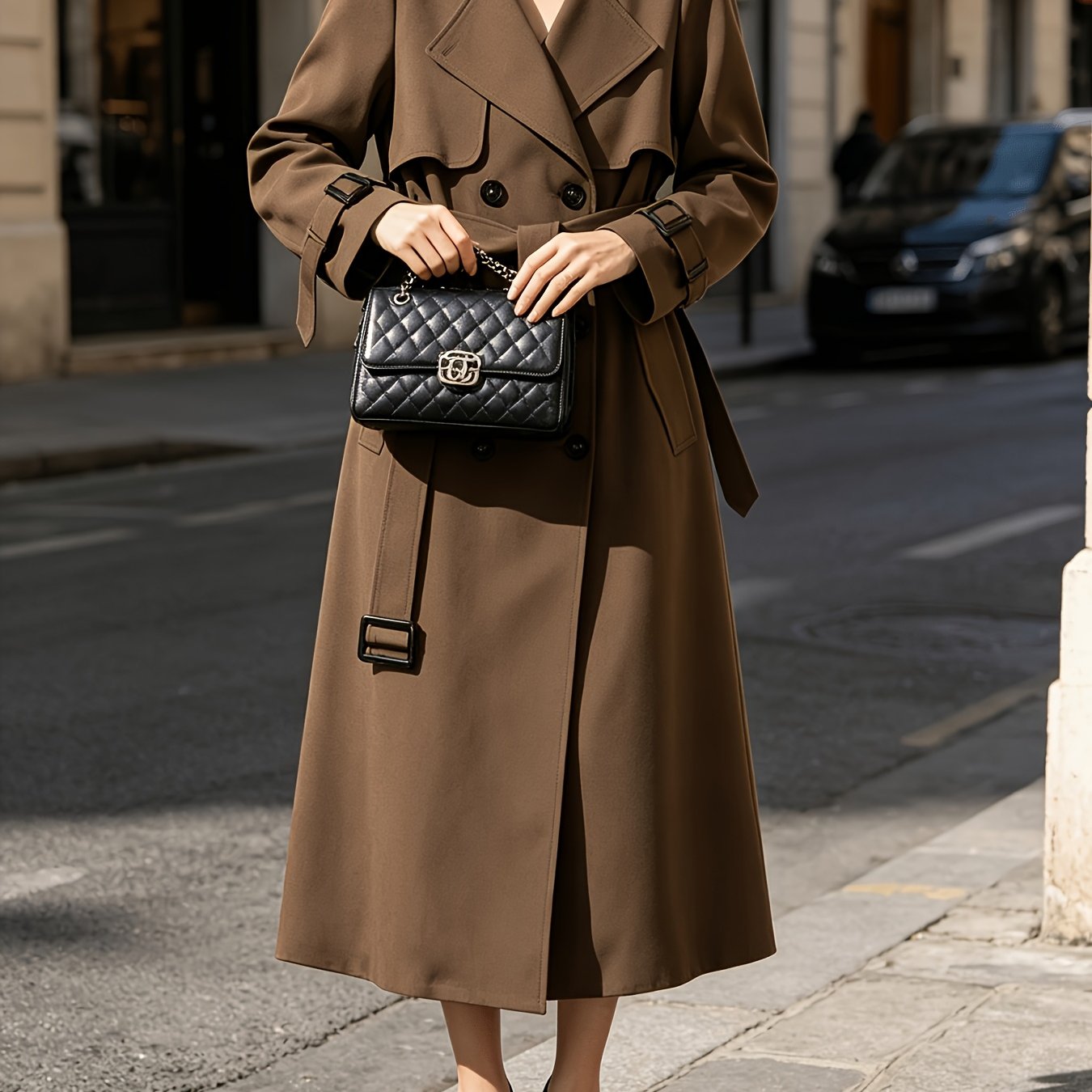 Image of Stylish Women's Wear - New Solid Color Double-breasted Design With Lapel Collar And Built-in Matching Belt, Adjustable Cuffs, Exuding A Powerful Aura, Suitable For Daily Commutes And Casual Vacations