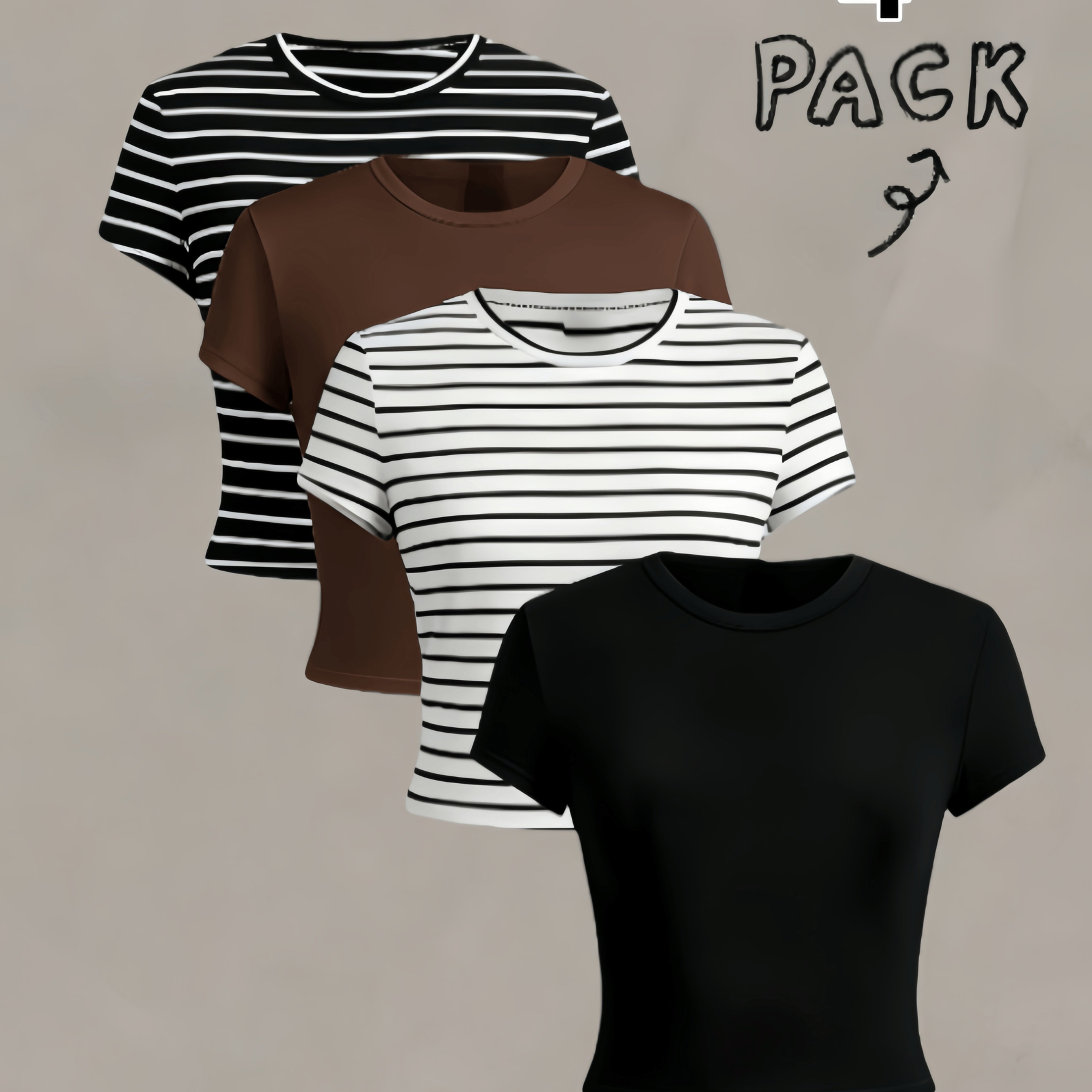 TEMU Pack de 4 camisetas cortas de manga corta para mujer, color caqui/negro/a rayas , corte ajustado, cuello , ropa para / uso diario, tejido y