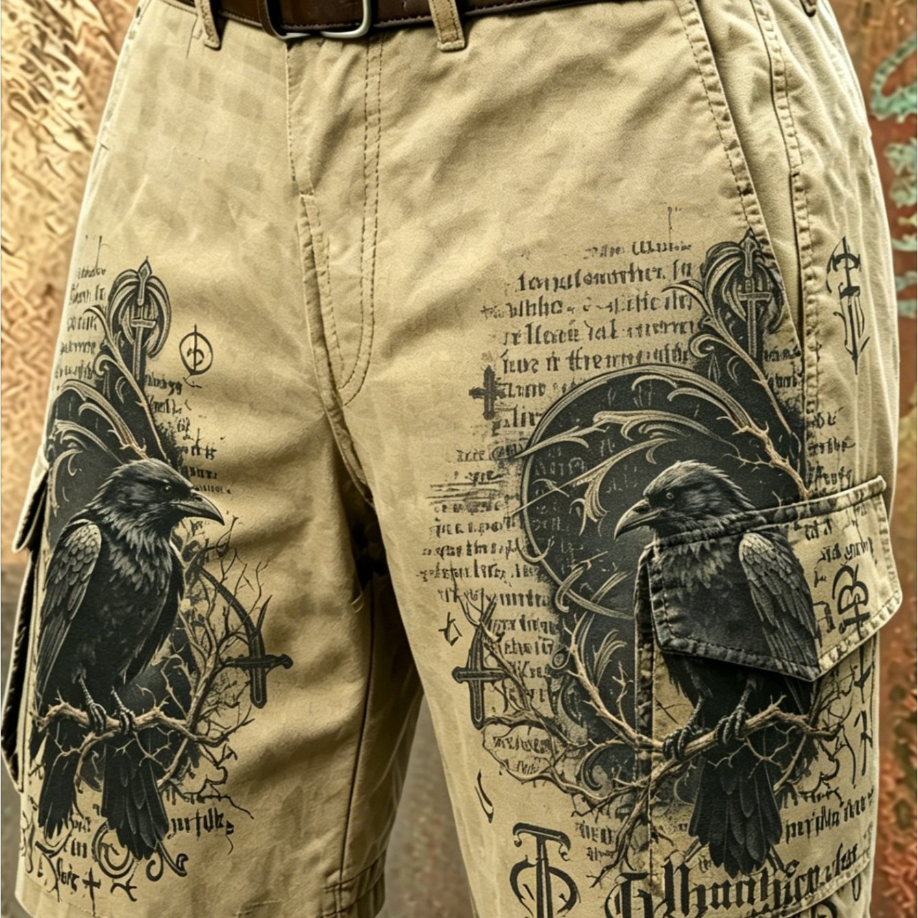 Image of 1pc Men's Gothic Print Cargo Shorts, Vintage Dark Crow & Medieval Text Pattern, Multi-pocket Casual Khaki Work Shorts, Breathable Fabric For Streetwear, Outdoor & Daily Wear