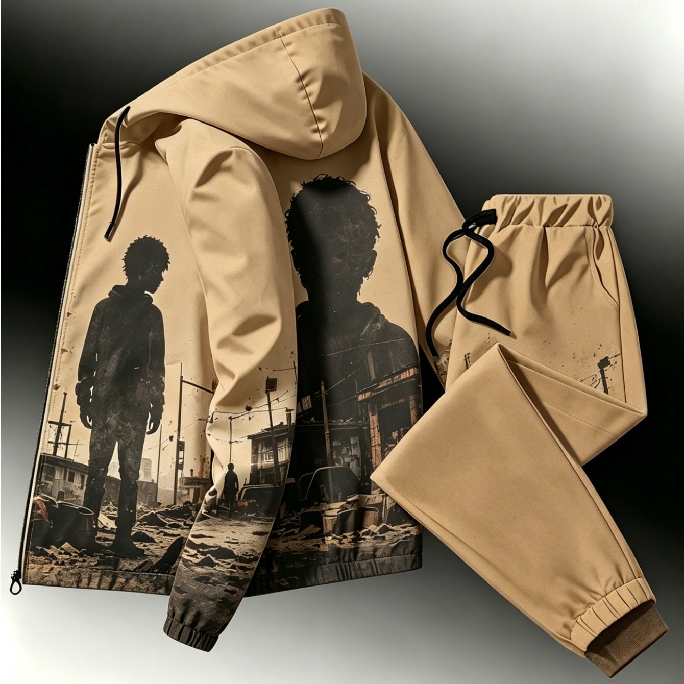 Image of Two-piece Set New Arrival: Unisex Casual Print Windproof Zipper Jacket Set | Hooded, Regular Fit, Stretch Fabric, Perfect For Men, Suitable For Occasions, Plus Size