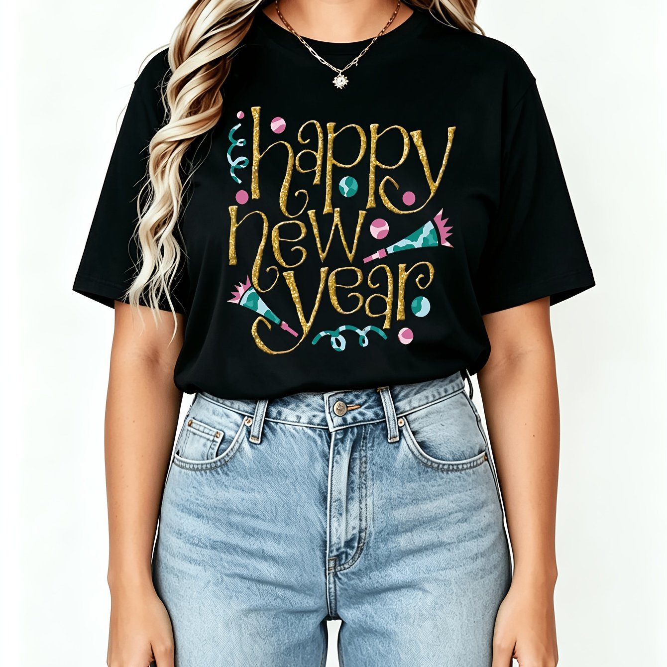 TEMU Plus Size, Women's Plus Size Happy New Year Print T-shirt - Short Sleeve Crew Neck Casual Summer Blouse With New Year's Eve Outfit, Comfortable