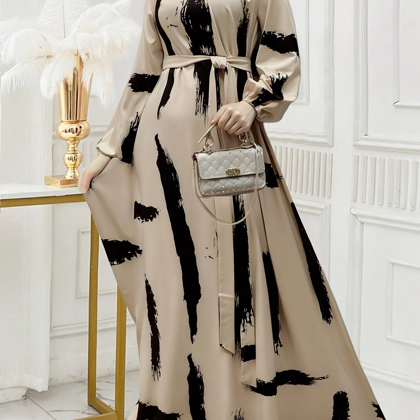 Women Ramadan In East Print Collared Tie Waist Long Sleeve Dress